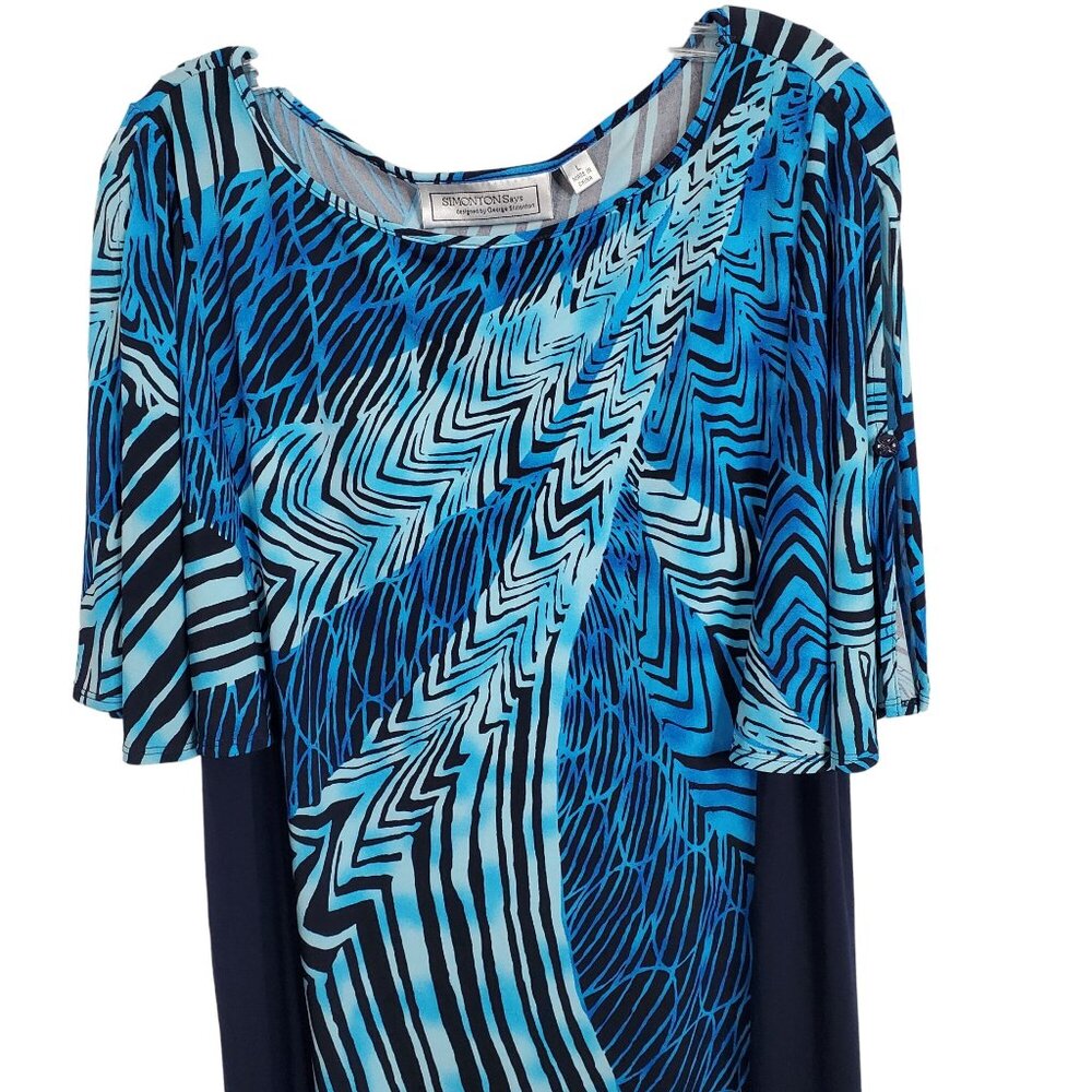 Simonton Says Size L Dress Cold Shoulder Split Sleeve Fluid Knit Wacky Print - Picture 6 of 11